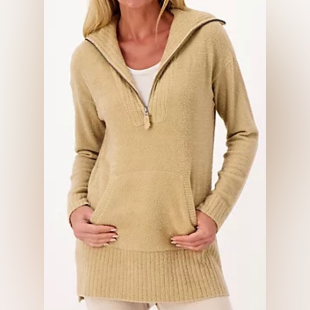 Barefoot Dreams cozy chic lite high rib half zip tunic. Biscotti large